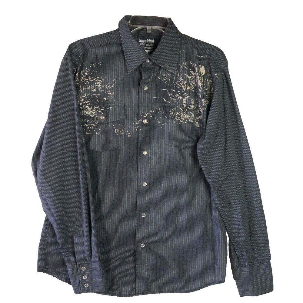 Machine Mens Size M Long Sleeve Gray Pearl Button Up Front Bleached Design Shirt